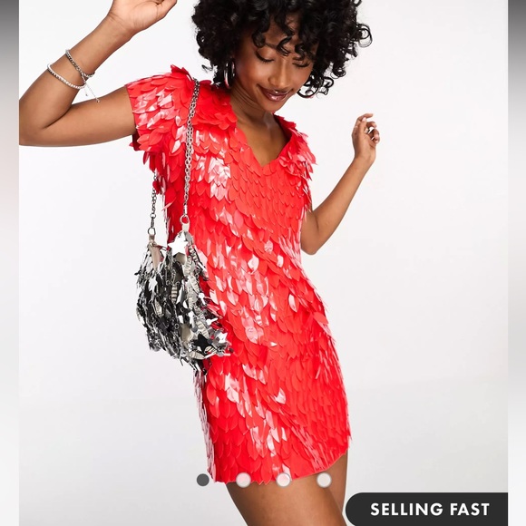 ASOS DESIGN all over feather embellished mini dress in red size 2 - Picture 4 of 11